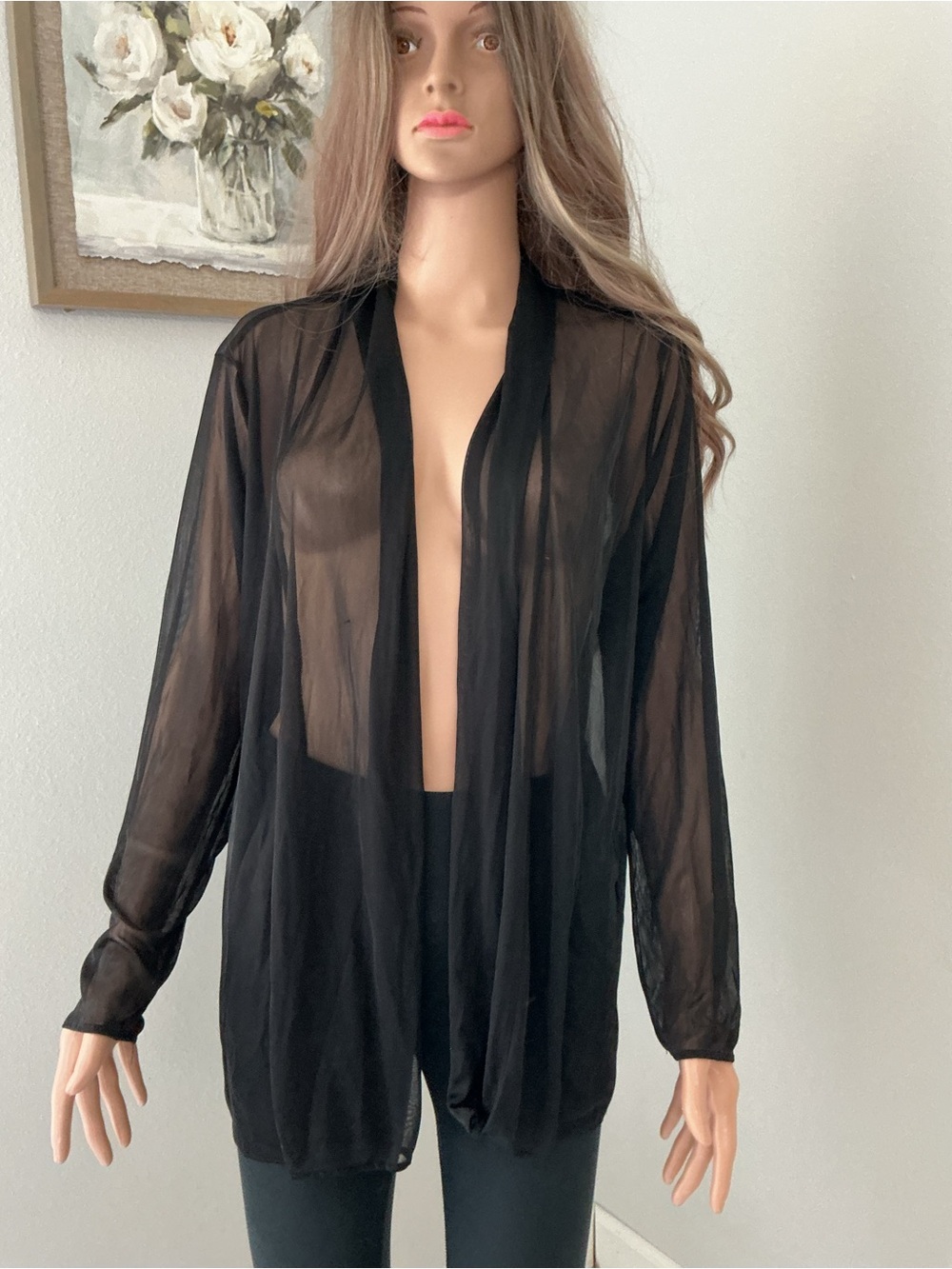 Sheer Black Open-Front Women's Robe r - Picture 3 of 8